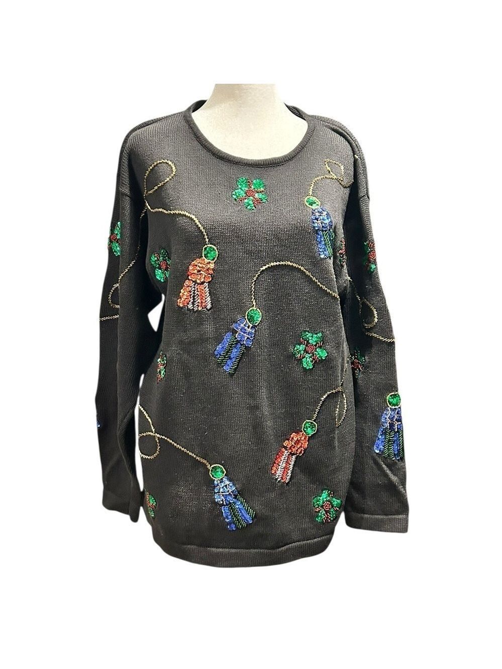 VIKI INTERNATIONAL Beads Sequins Ugly Christmas Long Black Sweater Sz M VGC